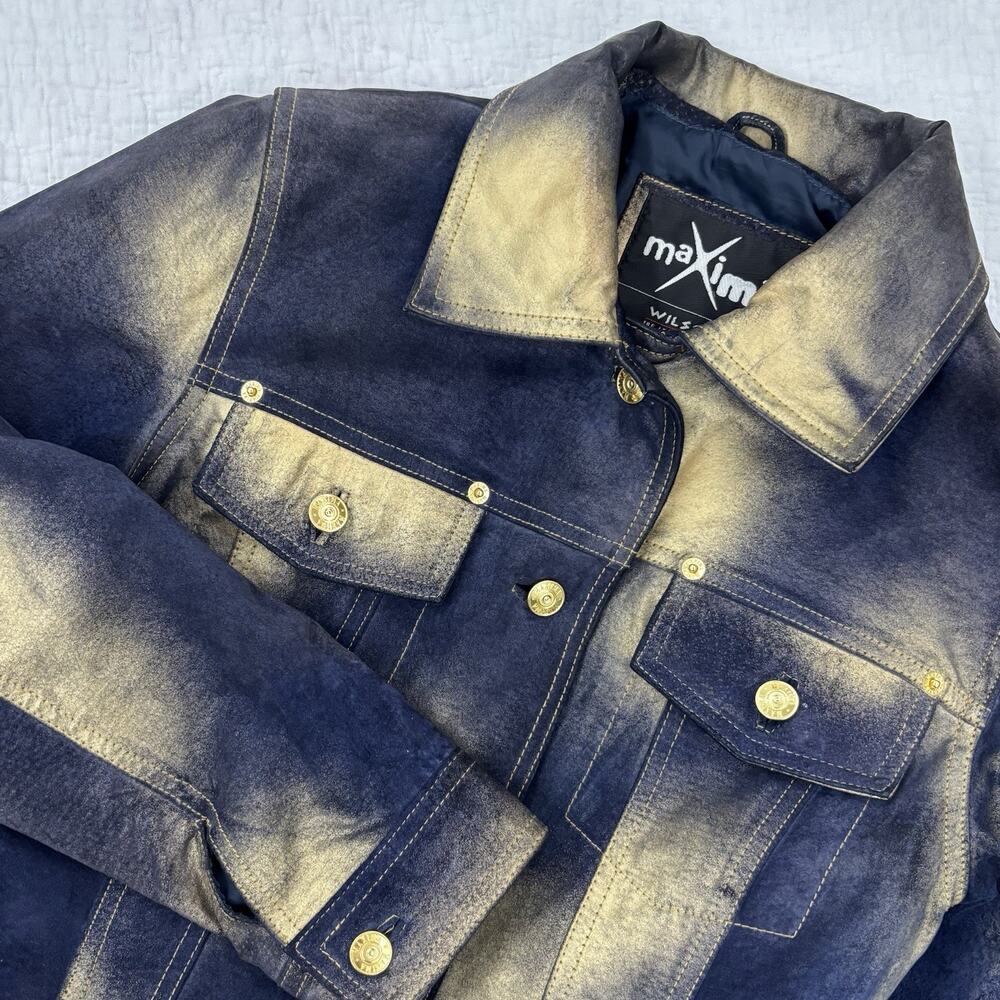 Wilsons Maxima Women’s size Small Blue Leather Gold Leather Waist Trucker Jacket